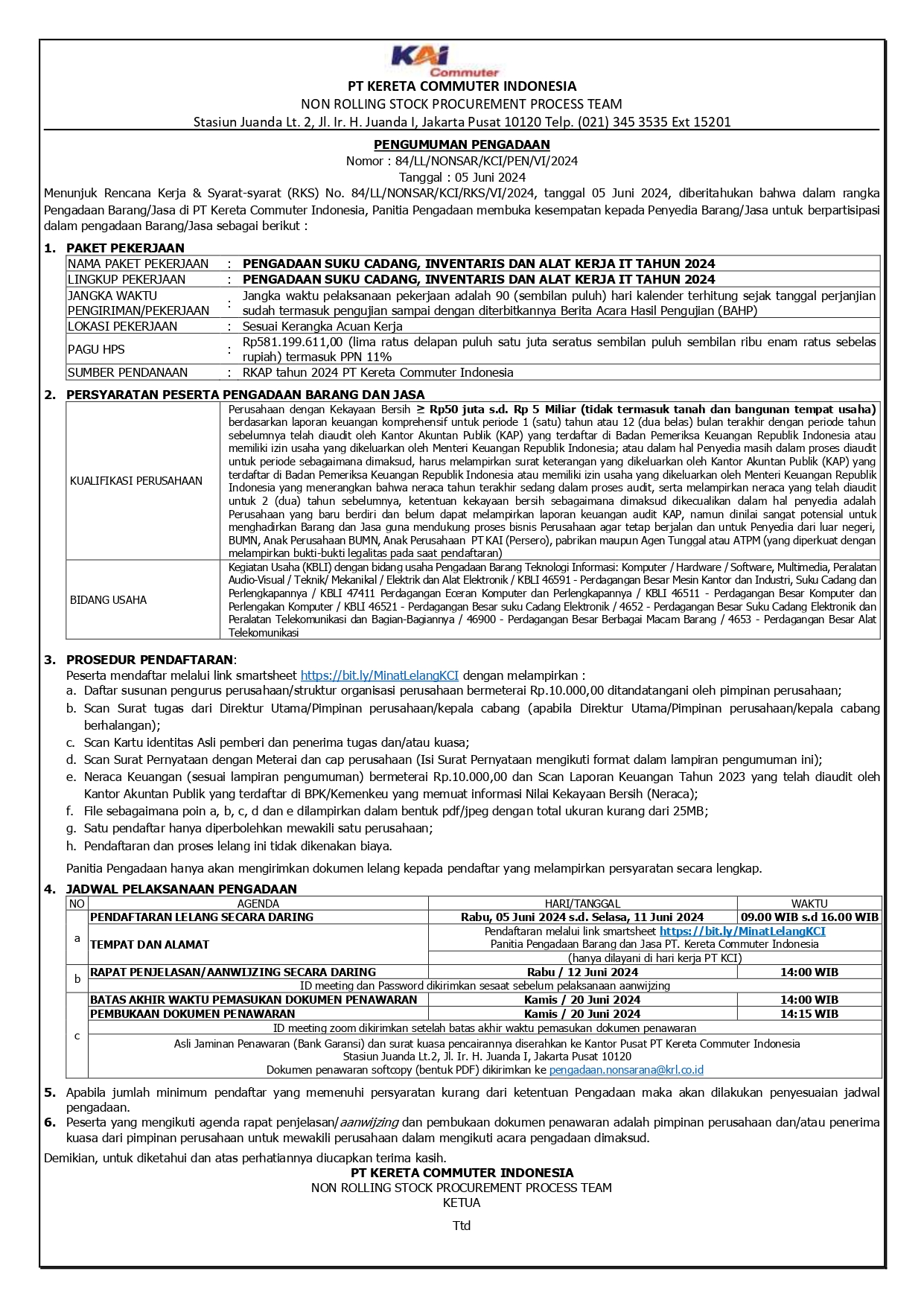 2 pengumuman 84 pengadaan suku cadang inventaris dan alat kerja it tahun 2024